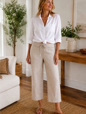 Charter Club Women’s Size 10 100% Linen Beige Drawstring Pants 28” Inseam